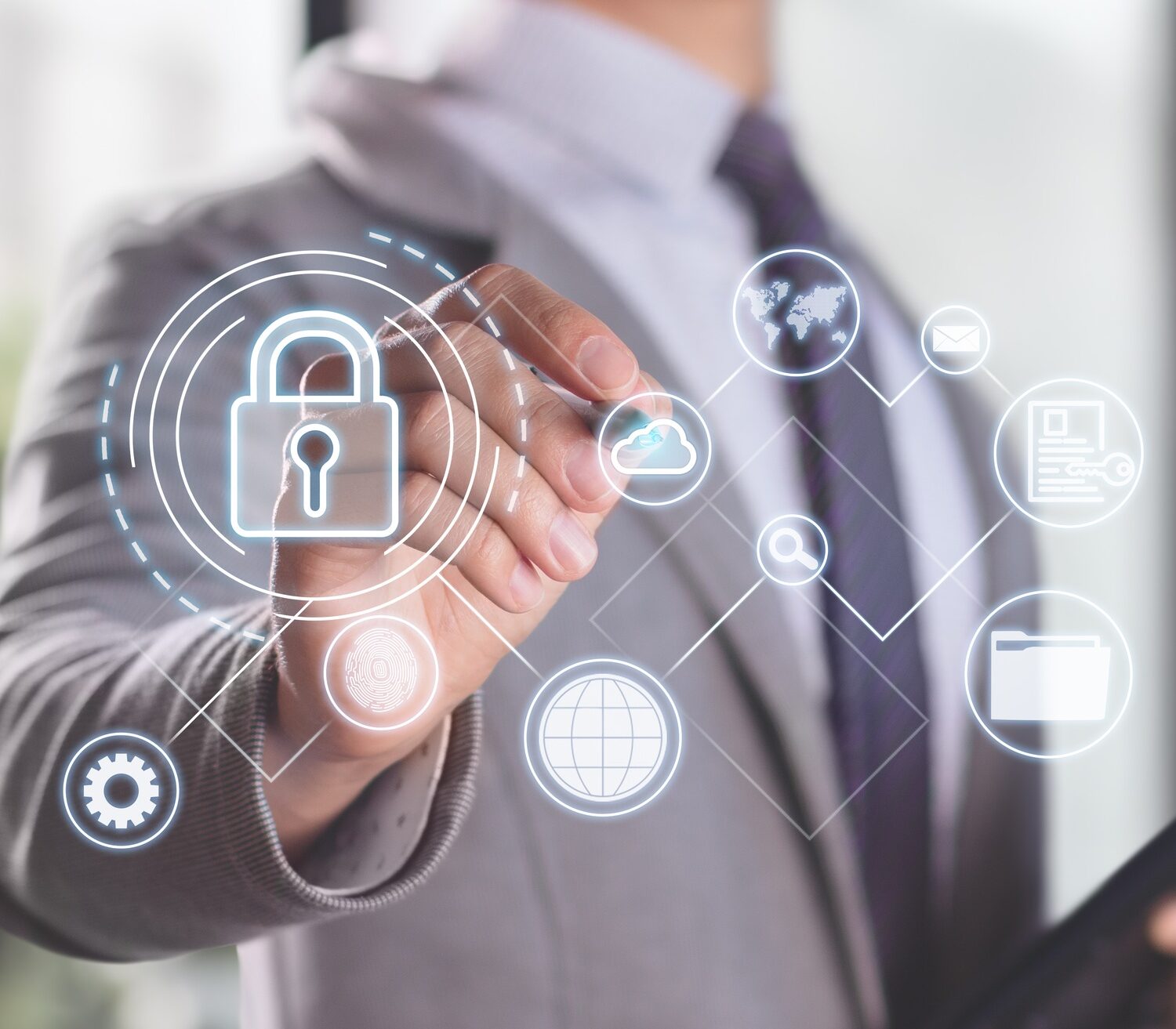 Vertical photo of cybersecurity and enterprise data protection with biometrics and encrypted files.